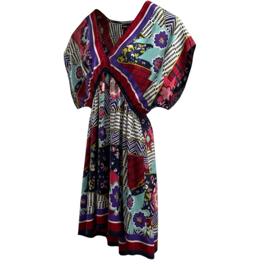 Vintage Y2K Wet Seal Dress Women XS Babydoll Satin Patchwork Kimono Sleeves Mini